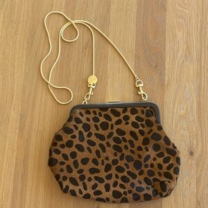 Clare V Leopard-Print Pony Hair Clutch with Gold crossbody Strap